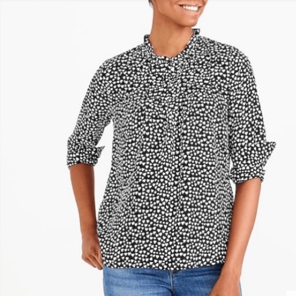 J. Crew Mercantile Pintuck Black/Cream Heart Print Popover Top